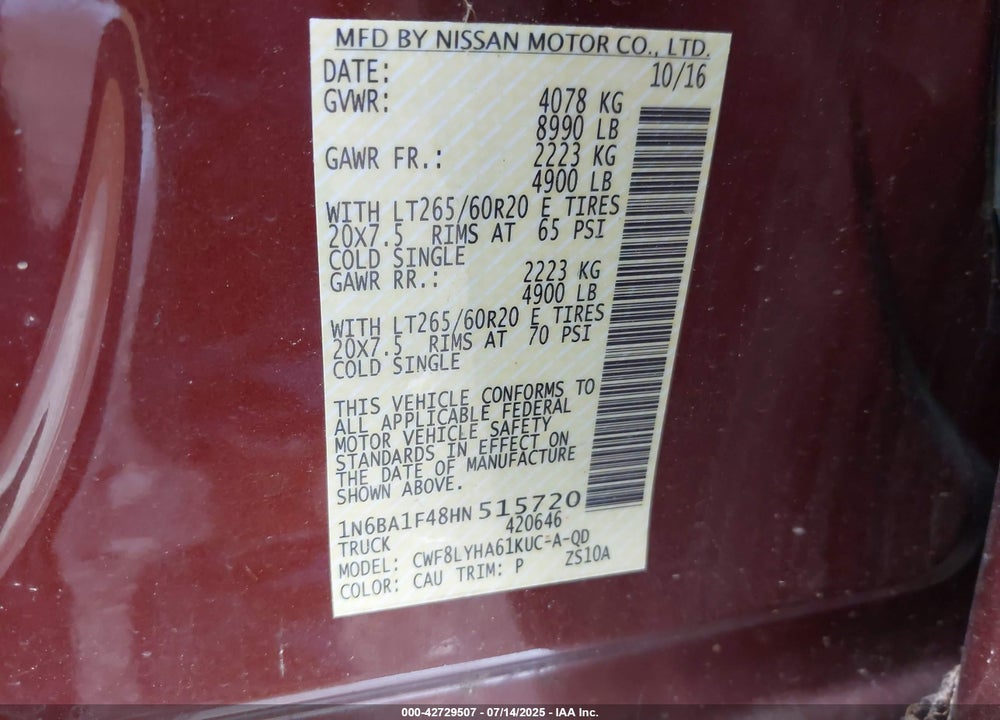 2017 NISSAN TITAN XD PLATINUM RESERVE DIESEL VIN: 1N6BA1F48HN515720