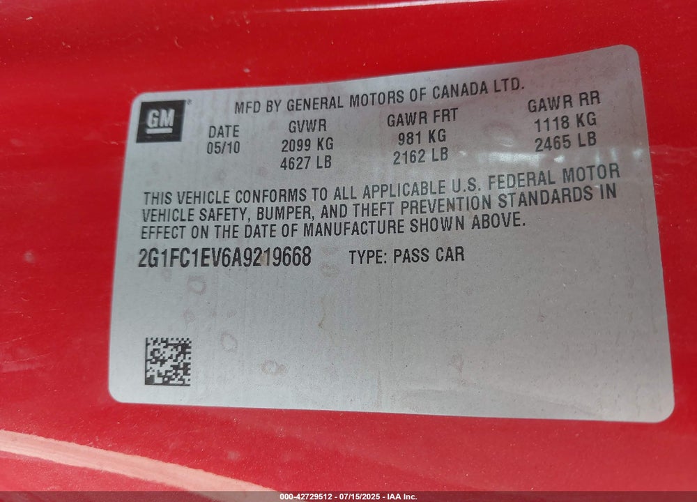 2010 CHEVROLET CAMARO VIN: 2G1FC1EV6A9219668