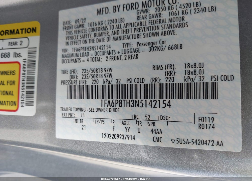 2022 FORD MUSTANG ECOBOOST FASTBACK VIN: 1FA6P8TH3N5142154