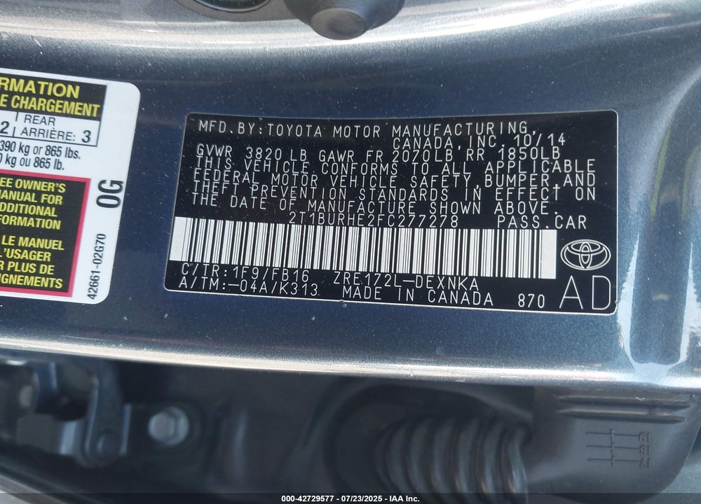 2015 TOYOTA COROLLA LE VIN: 2T1BURHE2FC277278