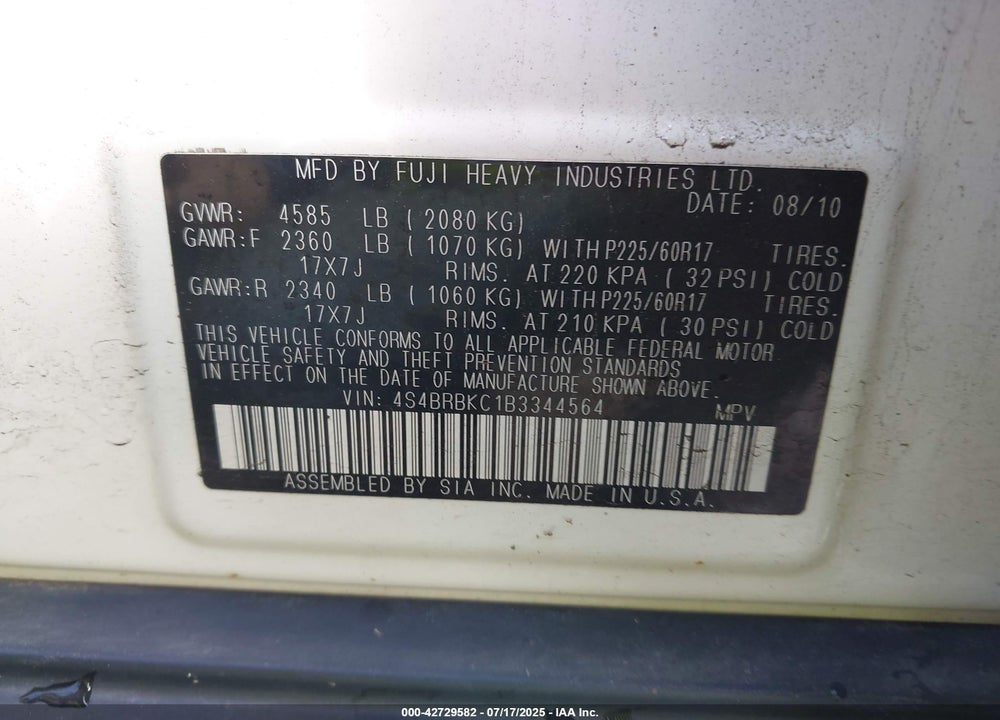 2011 SUBARU OUTBACK 2.5I LIMITED VIN: 4S4BRBKC1B3344564