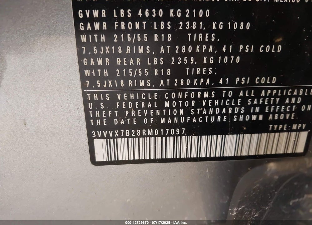 2024 VOLKSWAGEN TAOS VIN: 3VVVX7B28RM017097