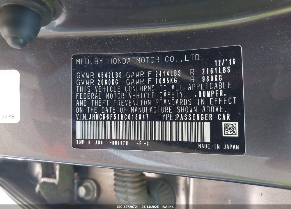 2017 HONDA ACCORD VIN: JHMCR6F51HC018847