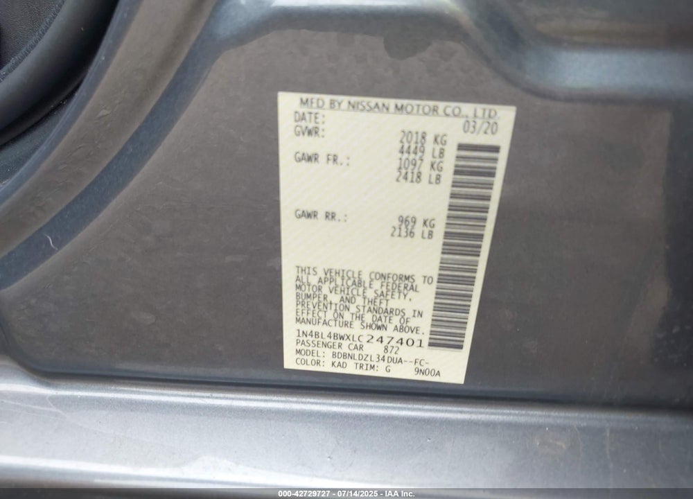 2020 NISSAN ALTIMA VIN: 1N4BL4BWXLC247401
