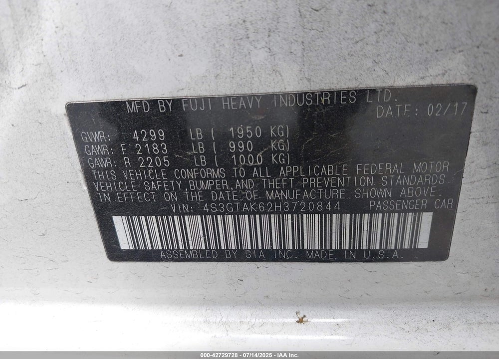 2017 SUBARU IMPREZA VIN: 4S3GTAK62H3720844