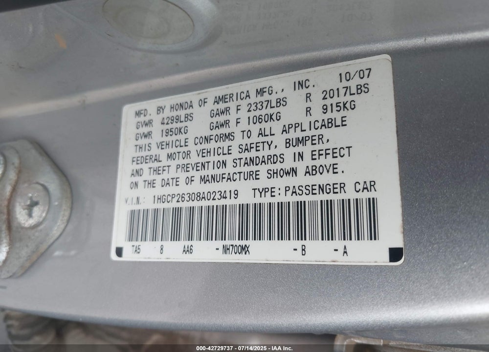 2008 HONDA ACCORD VIN: 1HGCP26308A023419