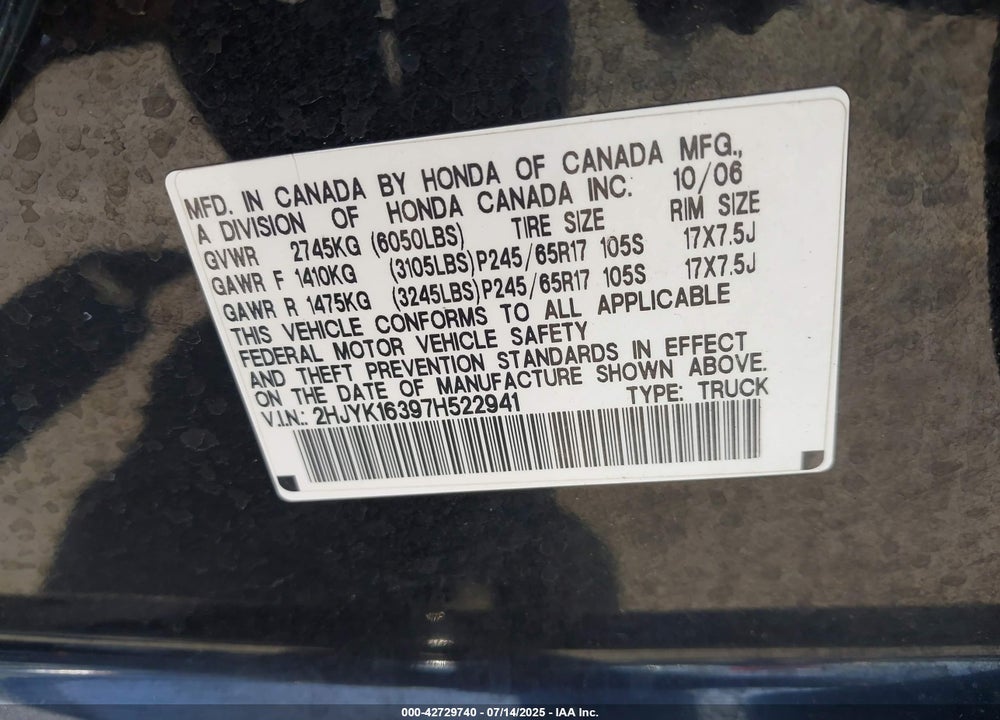 2007 HONDA RIDGELINE VIN: 2HJYK16397H522941
