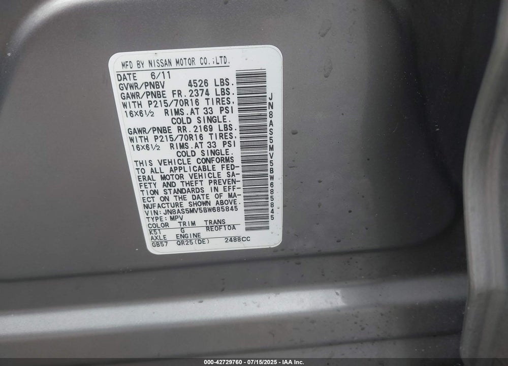 2011 NISSAN ROGUE VIN: JN8AS5MV5BW685845