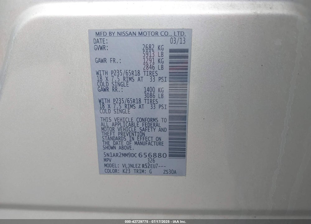2013 NISSAN PATHFINDER VIN: 5N1AR2MM9DC656880