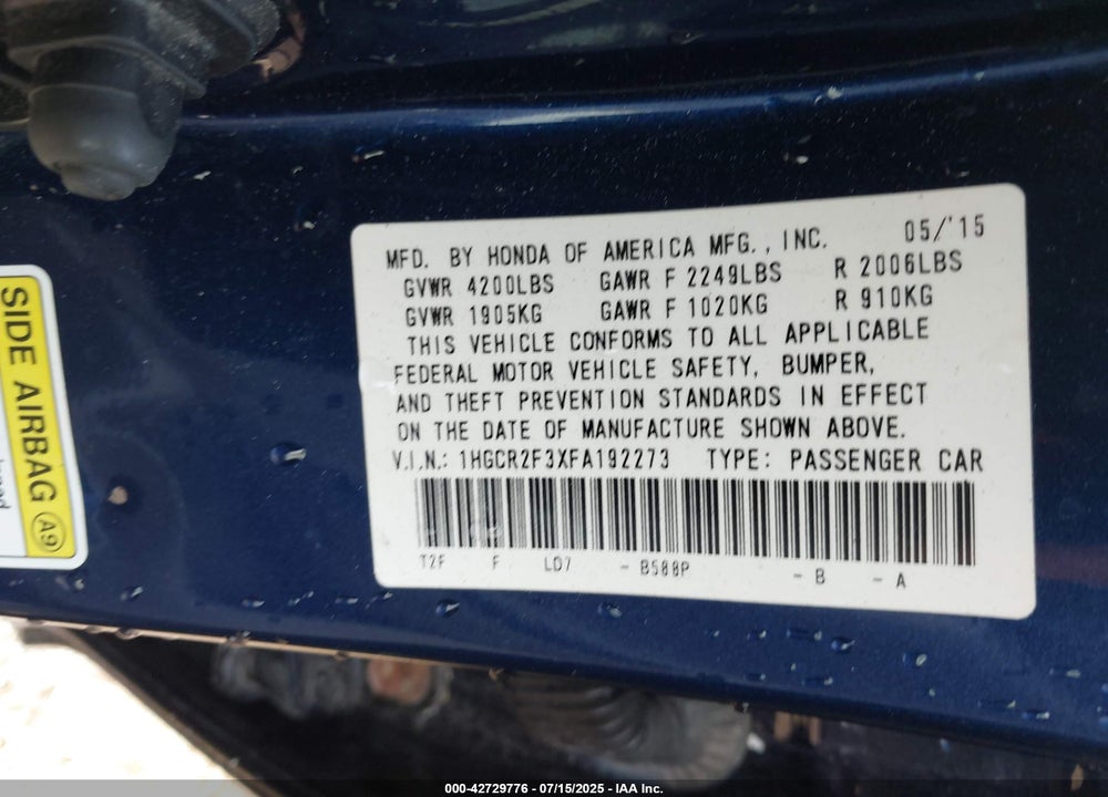 2015 HONDA ACCORD SEDAN VIN: 1HGCR2F3XFA192273