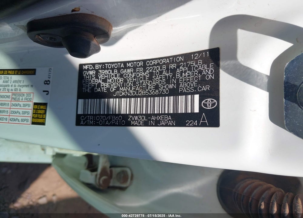 2011 TOYOTA PRIUS VIN: JTDKN3DU2B5368730