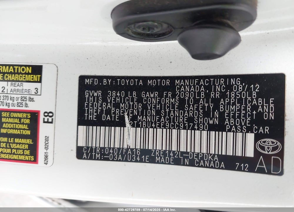 2012 TOYOTA COROLLA VIN: 2T1BU4EE9CC917490