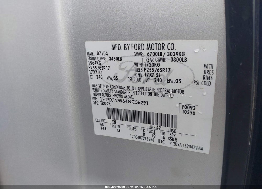 2004 FORD F-150 STX/XL/XLT VIN: 1FTRX12W64NC56291