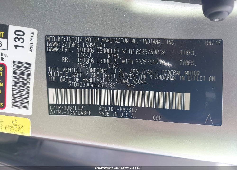 2017 TOYOTA SIENNA SE PREMIUM 8 PASSENGER VIN: 5TDXZ3DC4HS880185