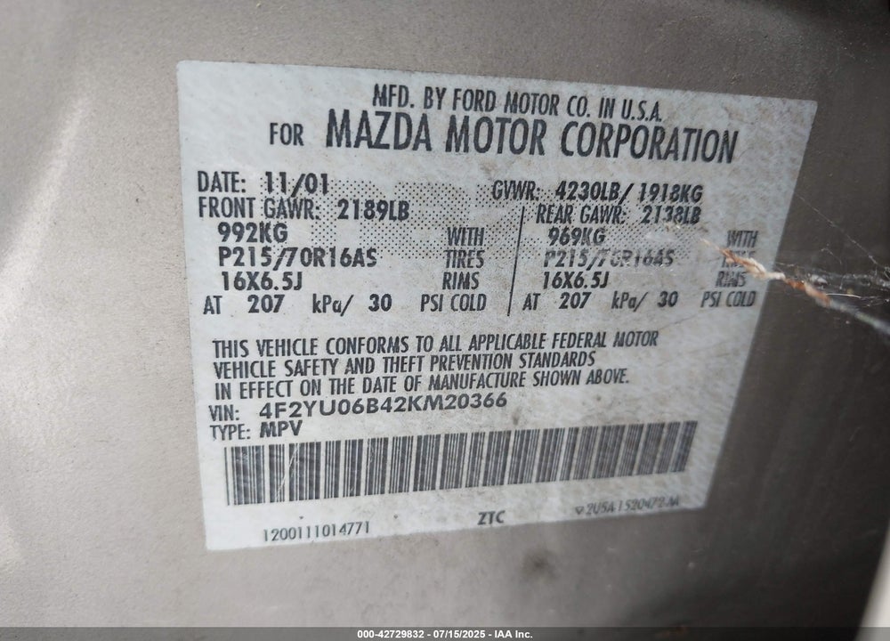 2002 MAZDA TRIBUTE DX VIN: 4F2YU06B42KM20366