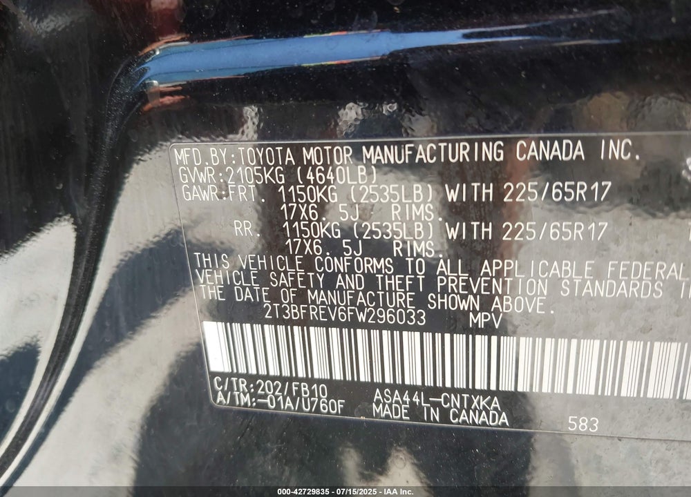 2015 TOYOTA RAV4 VIN: 2T3BFREV6FW296033