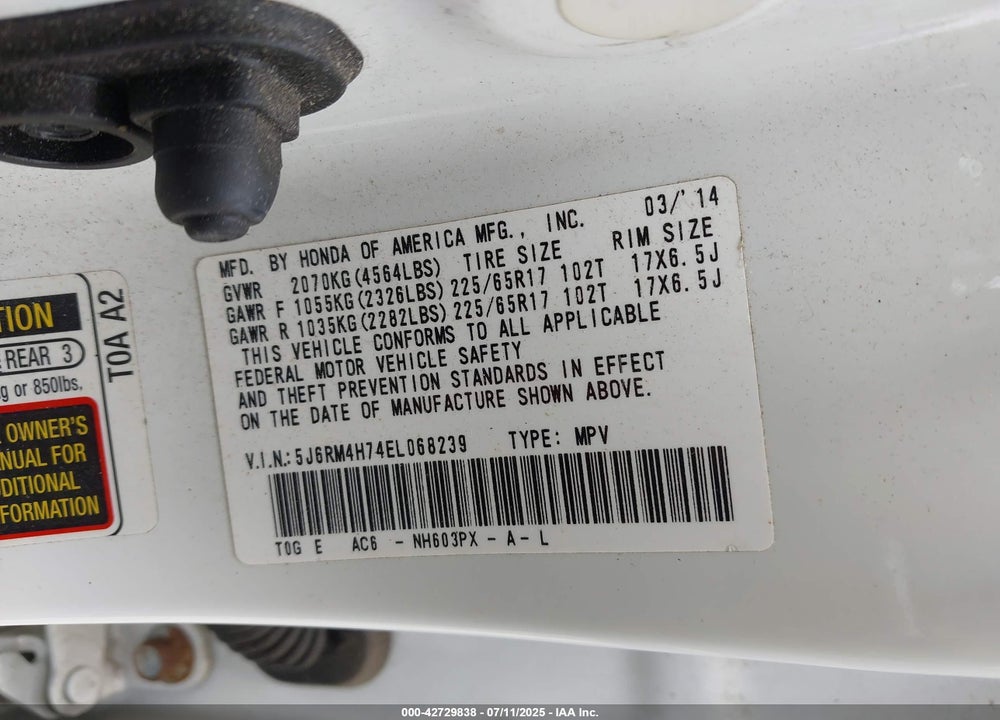 2014 HONDA CR-V VIN: 5J6RM4H74EL068239