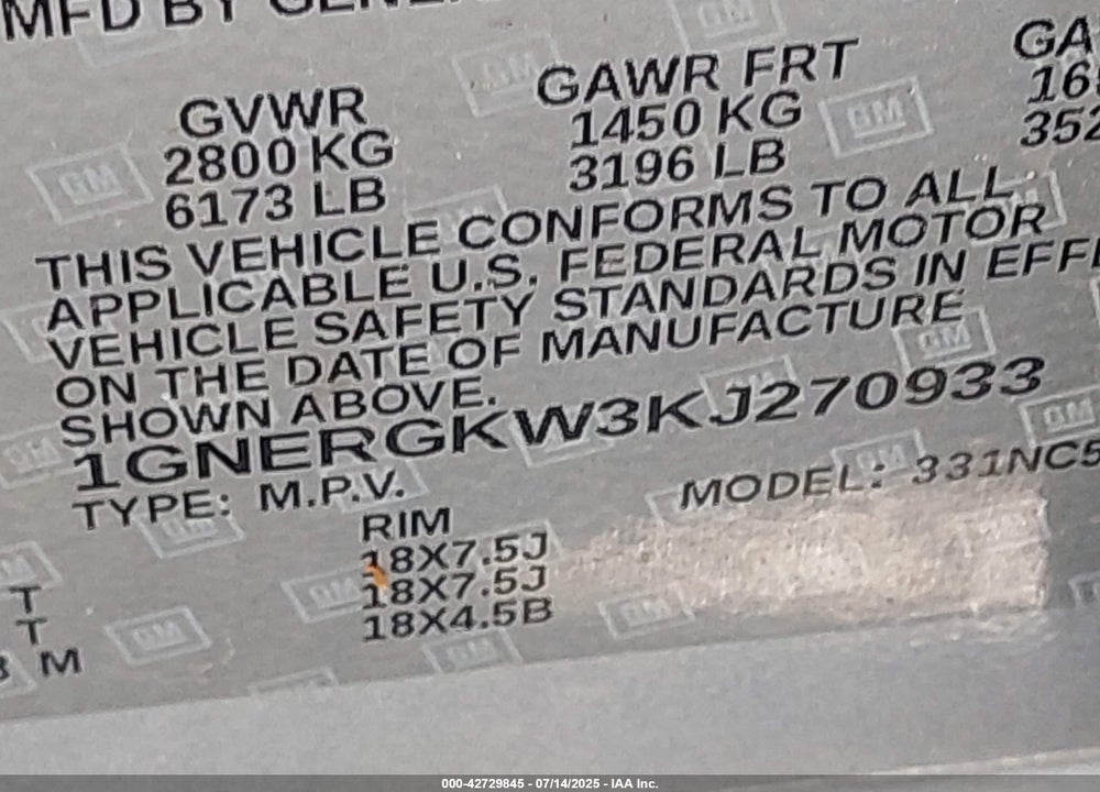 2019 CHEVROLET TRAVERSE VIN: 1GNERGKW3KJ270933