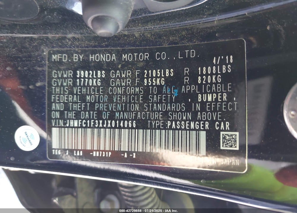 2018 HONDA CIVIC VIN: JHMFC1F3XJX014066