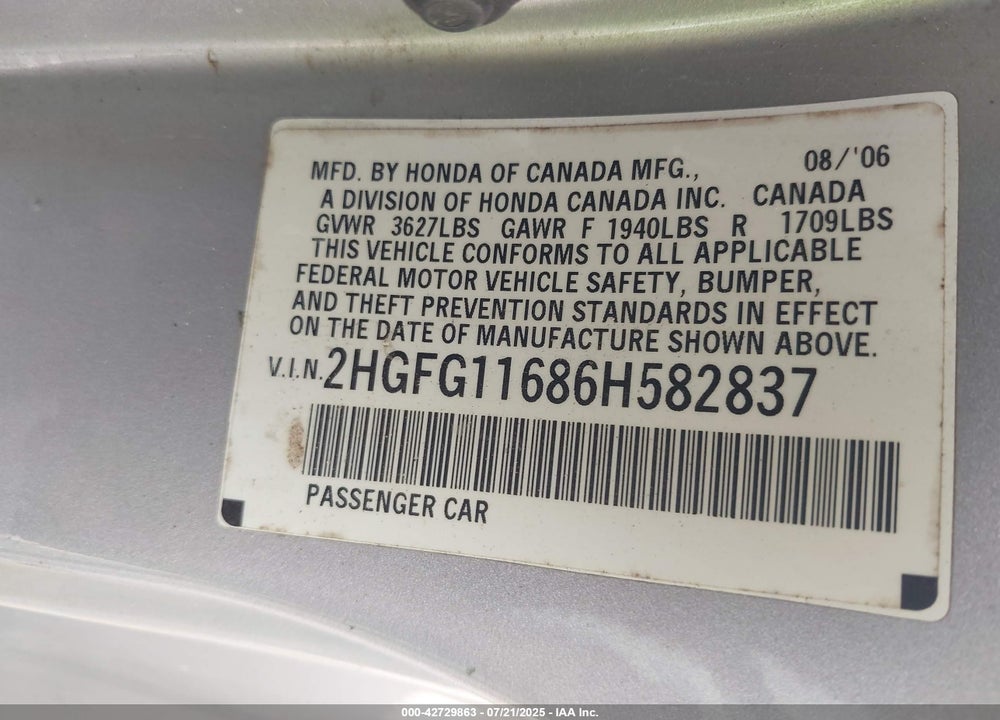 2006 HONDA CIVIC VIN: 2HGFG11686H582837