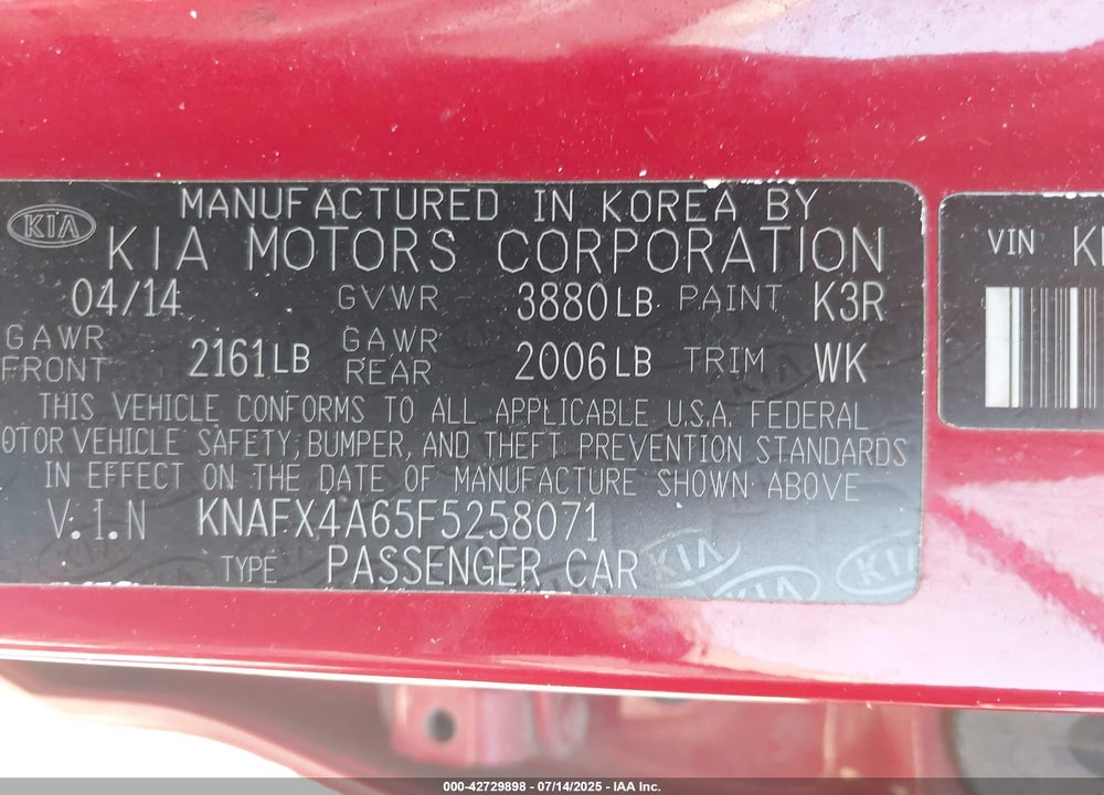 2015 KIA FORTE VIN: KNAFX4A65F5258071