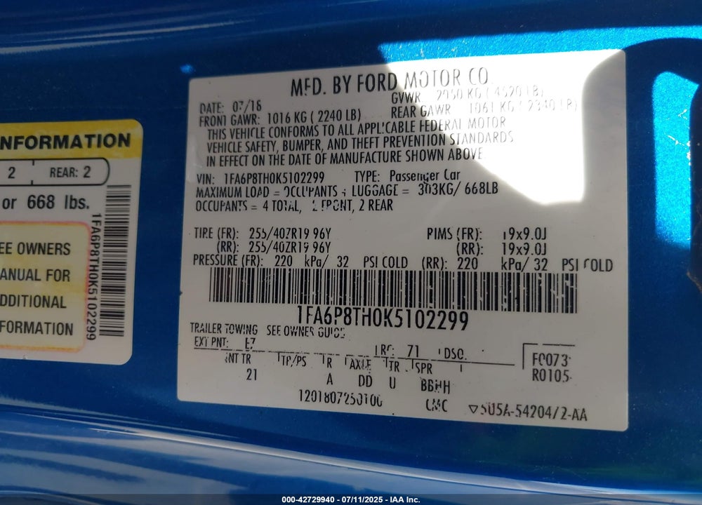 2019 FORD MUSTANG VIN: 1FA6P8TH0K5102299