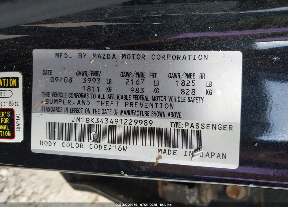 2009 MAZDA 3 VIN: JM1BK343491229989