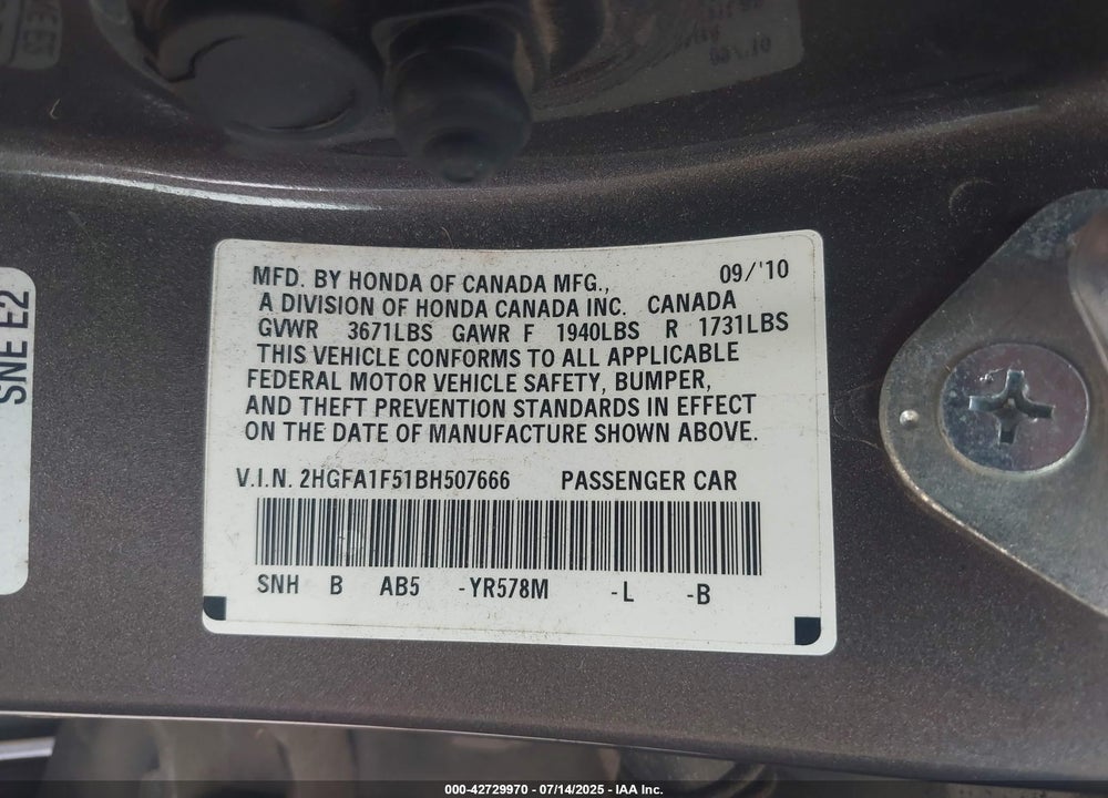 2011 HONDA CIVIC VIN: 2HGFA1F51BH507666