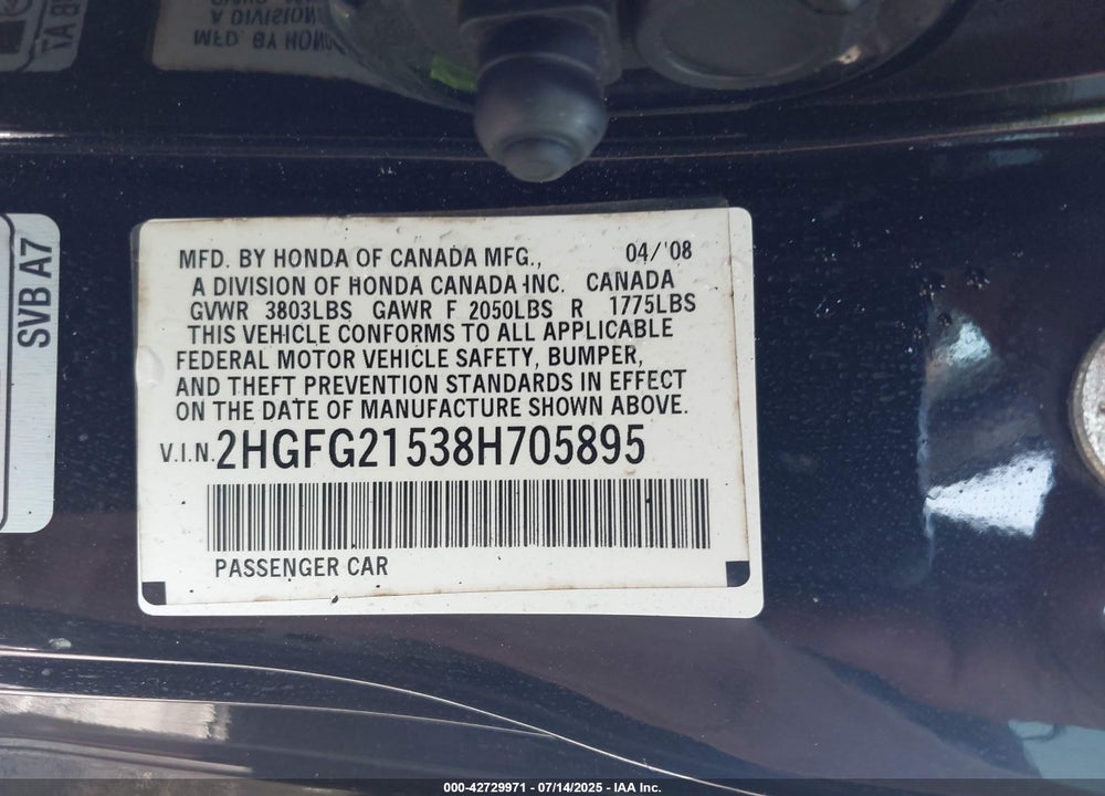 2008 HONDA CIVIC VIN: 2HGFG21538H705895