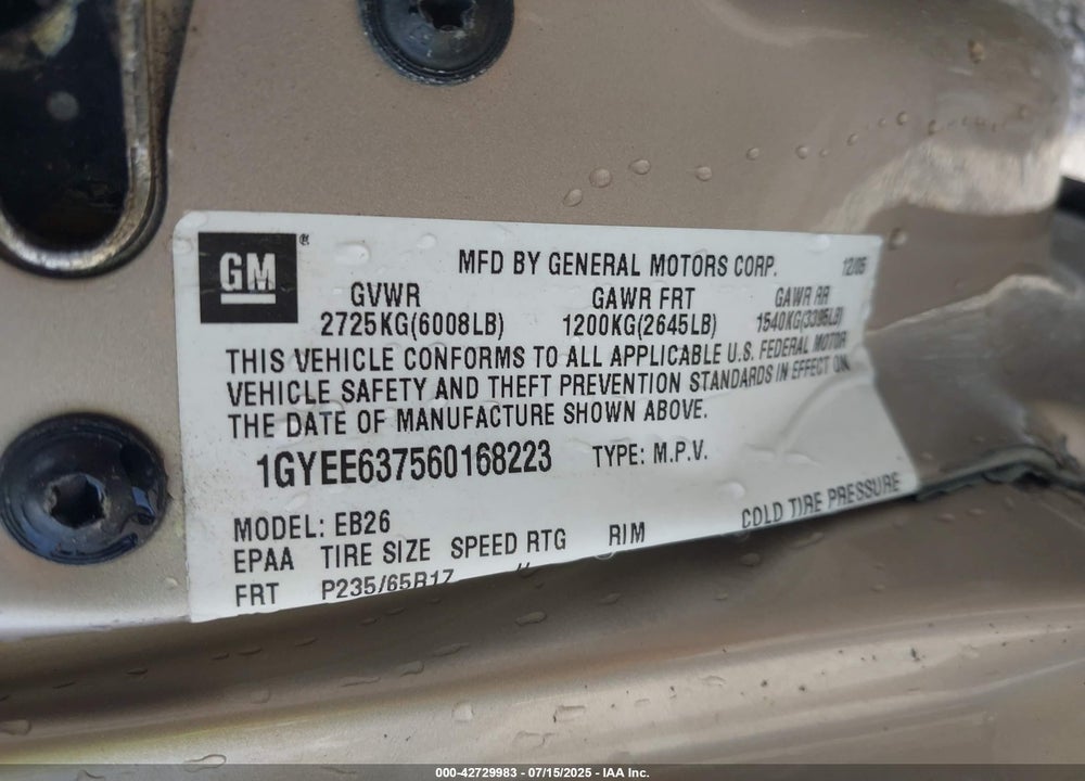 2006 CADILLAC SRX VIN: 1GYEE637560168223