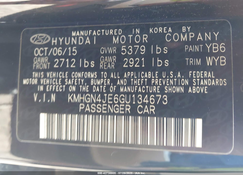 2016 HYUNDAI GENESIS VIN: KMHGN4JE6GU134673
