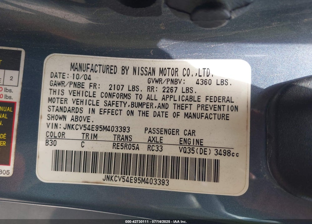 2005 INFINITI G35 VIN: JNKCV54E95M403393