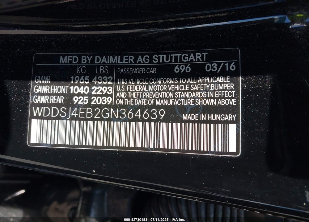 2016 MERCEDES-BENZ CLA 250 VIN: WDDSJ4EB2GN364639