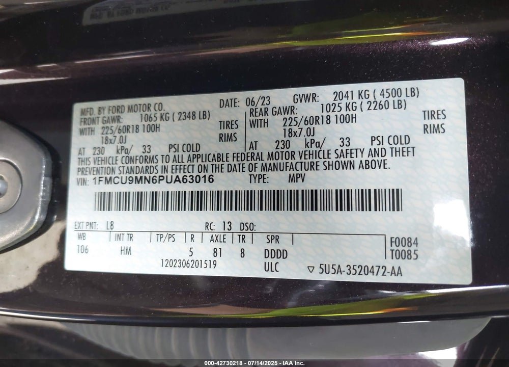 2023 FORD ESCAPE VIN: 1FMCU9MN6PUA63016
