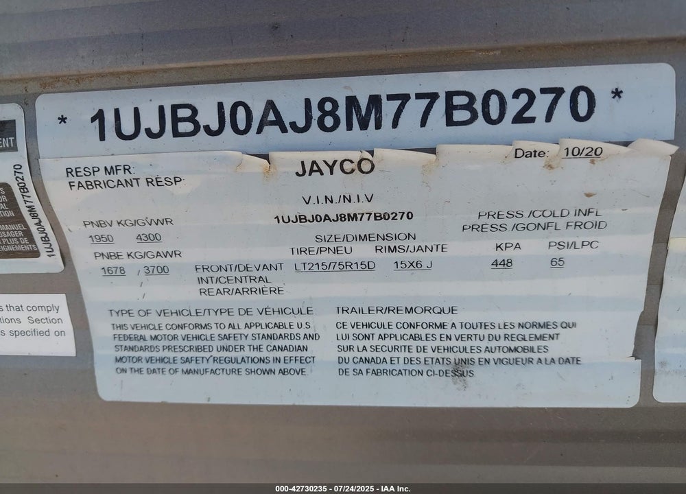 2021 JAYCO JAY FLIGHT VIN: 1UJBJ0AJ8M77B0270