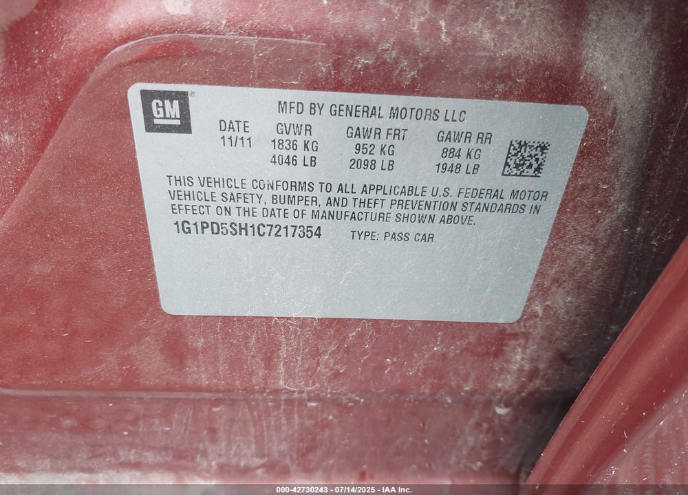 2012 CHEVROLET CRUZE LS VIN: 1G1PD5SH1C7217354