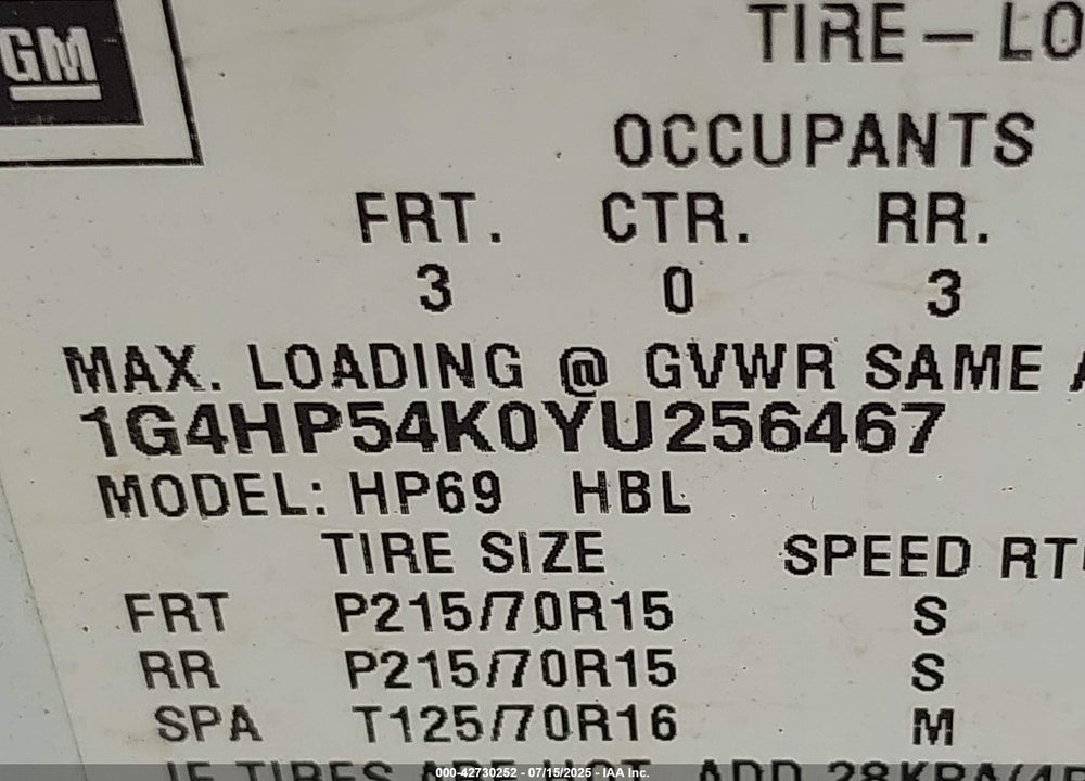 2000 BUICK LESABRE CUSTOM VIN: 1G4HP54K0YU256467