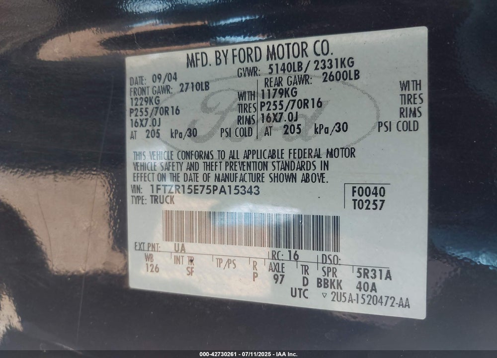 2005 FORD RANGER EDGE/XL/XLT VIN: 1FTZR15E75PA15343