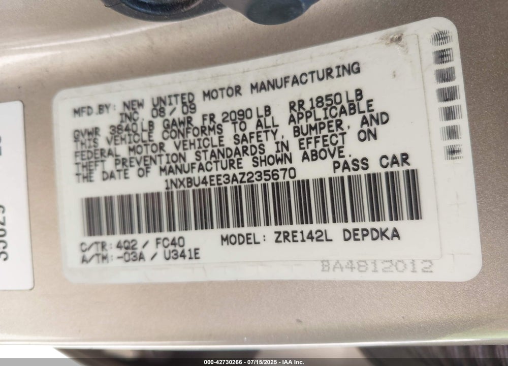 2010 TOYOTA COROLLA VIN: 1NXBU4EE3AZ235670