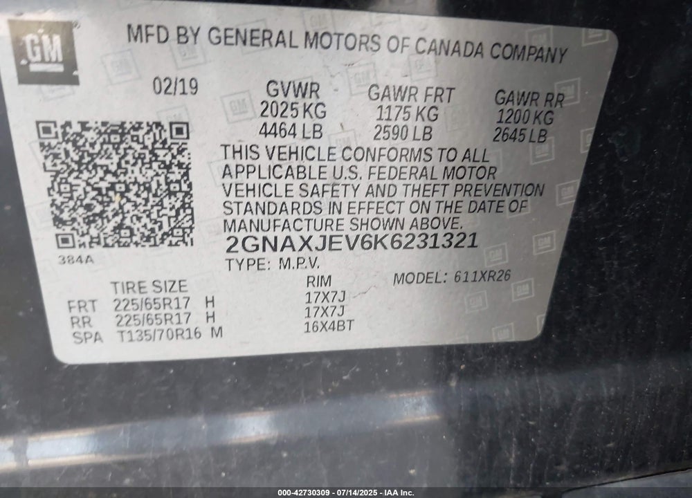 2019 CHEVROLET EQUINOX VIN: 2GNAXJEV6K6231321