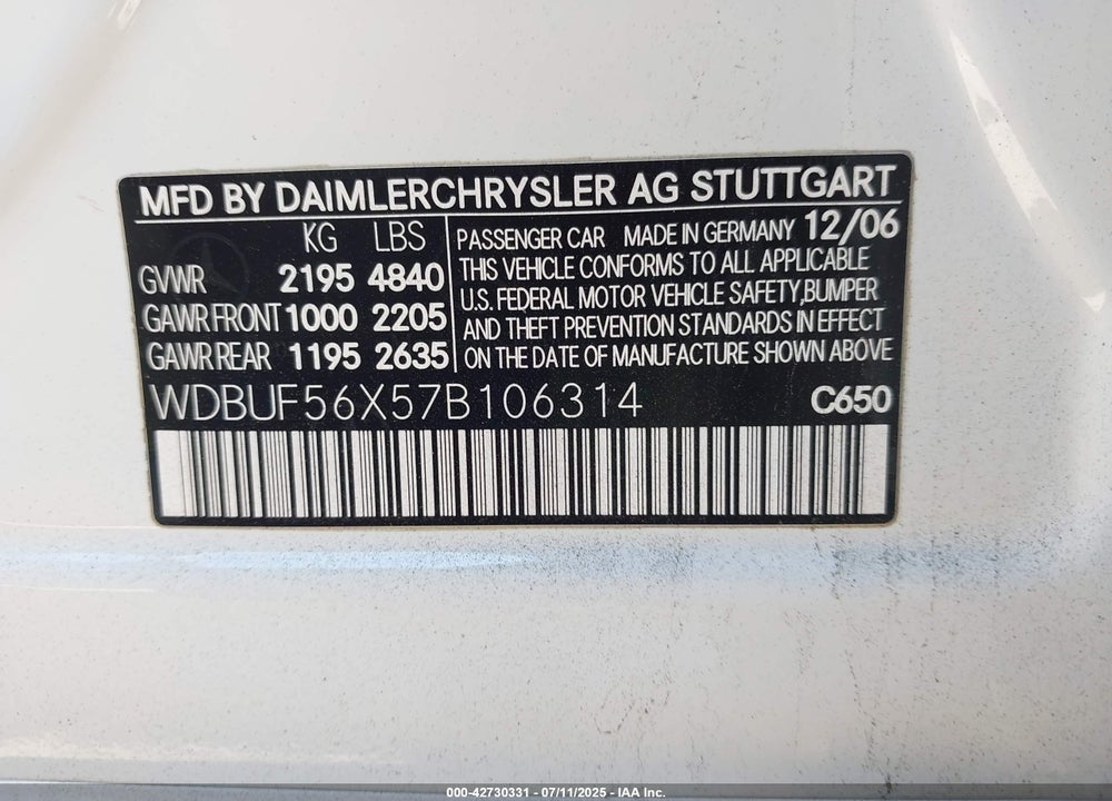 2007 MERCEDES-BENZ E 350 VIN: WDBUF56X57B106314