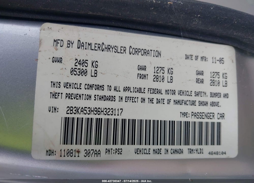 2006 DODGE CHARGER VIN: 2B3KA53H96H323117