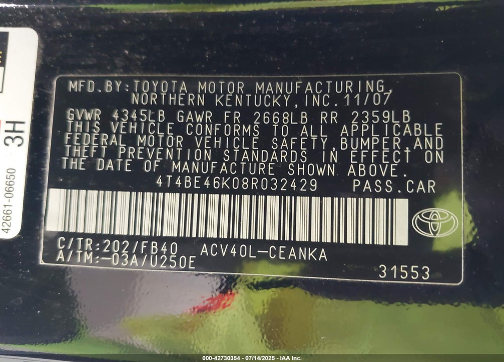 2008 TOYOTA CAMRY LE VIN: 4T4BE46K08R032429