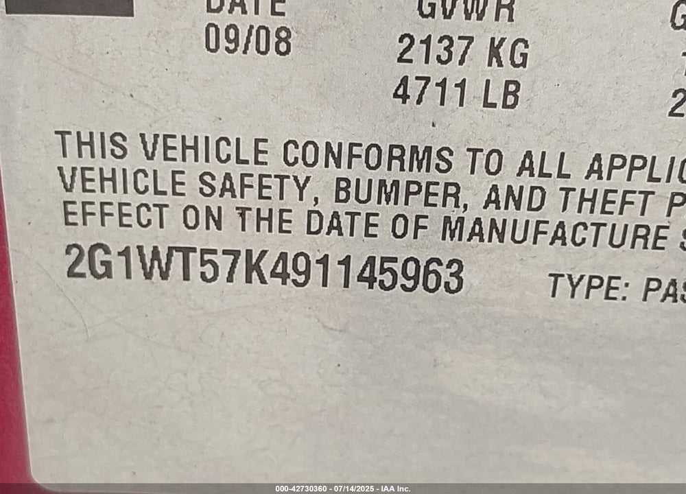 2009 CHEVROLET IMPALA VIN: 2G1WT57K491145963