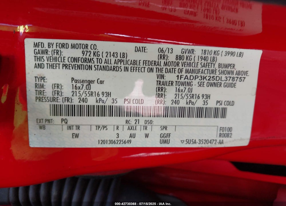 2013 FORD FOCUS VIN: 1FADP3K25DL378757