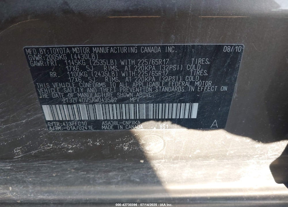 2010 TOYOTA RAV4 VIN: 2T3ZF4DV5AW049582
