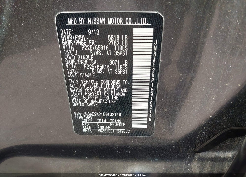 2014 NISSAN QUEST SV VIN: JN8AE2KP1E9102149