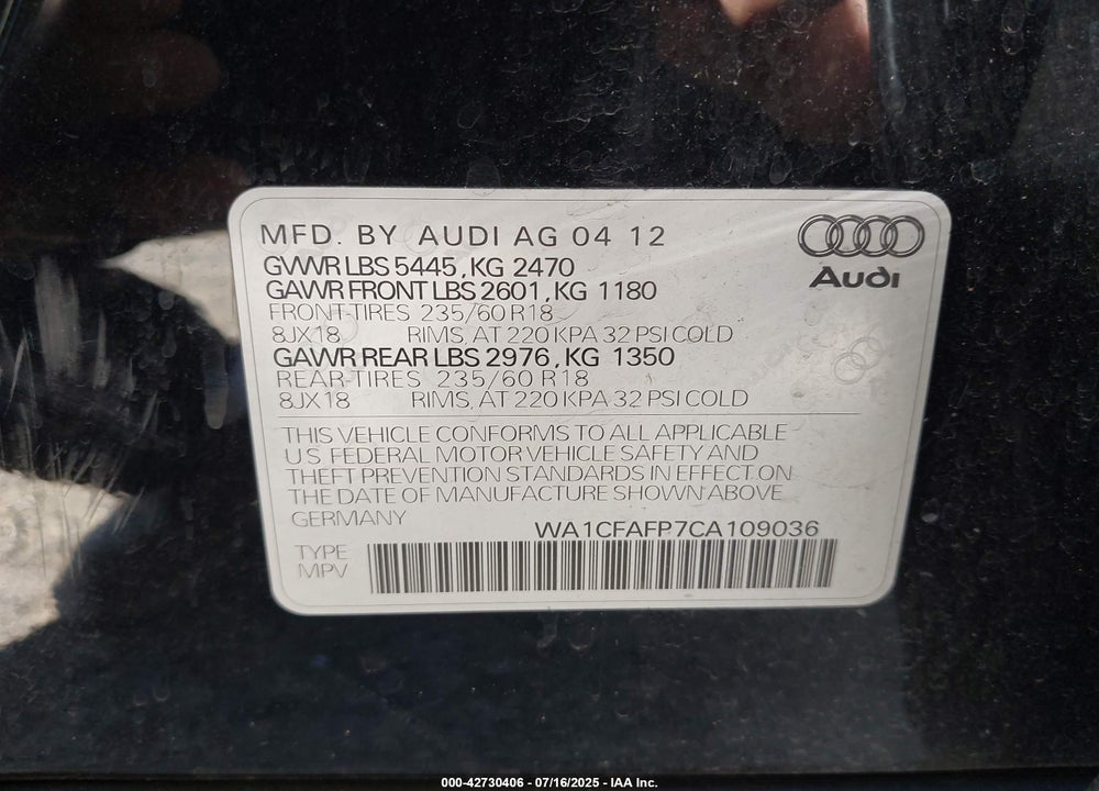 2012 AUDI Q5 2.0T PREMIUM VIN: WA1CFAFP7CA109036