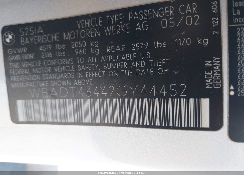 2002 BMW 525IA VIN: WBADT43442GY44452