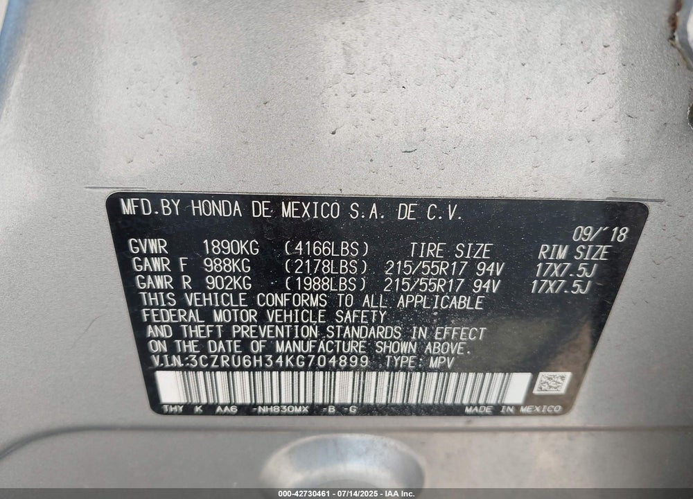 2019 HONDA HR-V VIN: 3CZRU6H34KG704899
